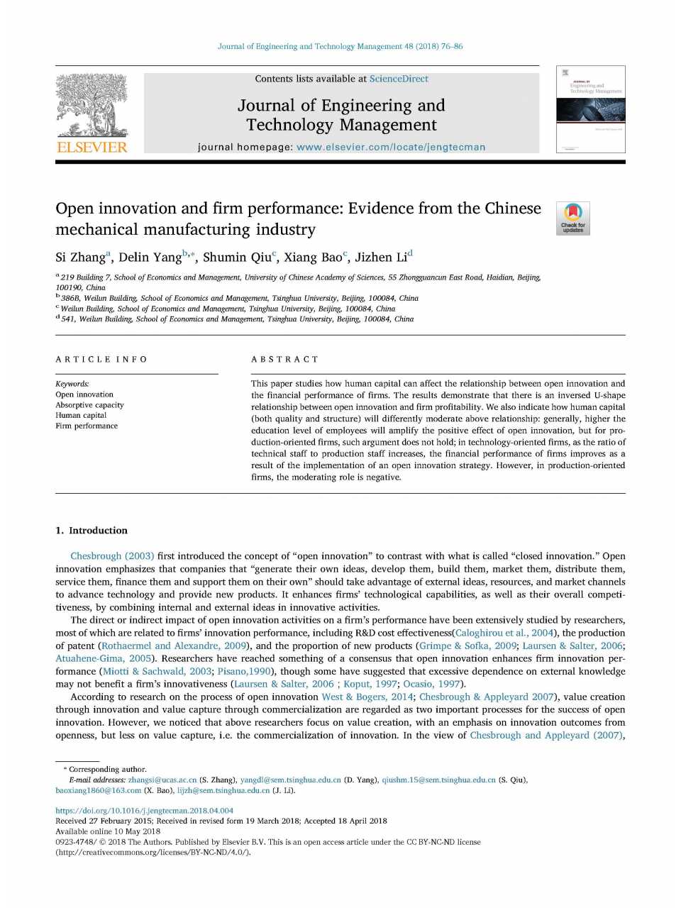 Open innovation and firm performance: Evidence from the Chinese mechanical manufacturing industry