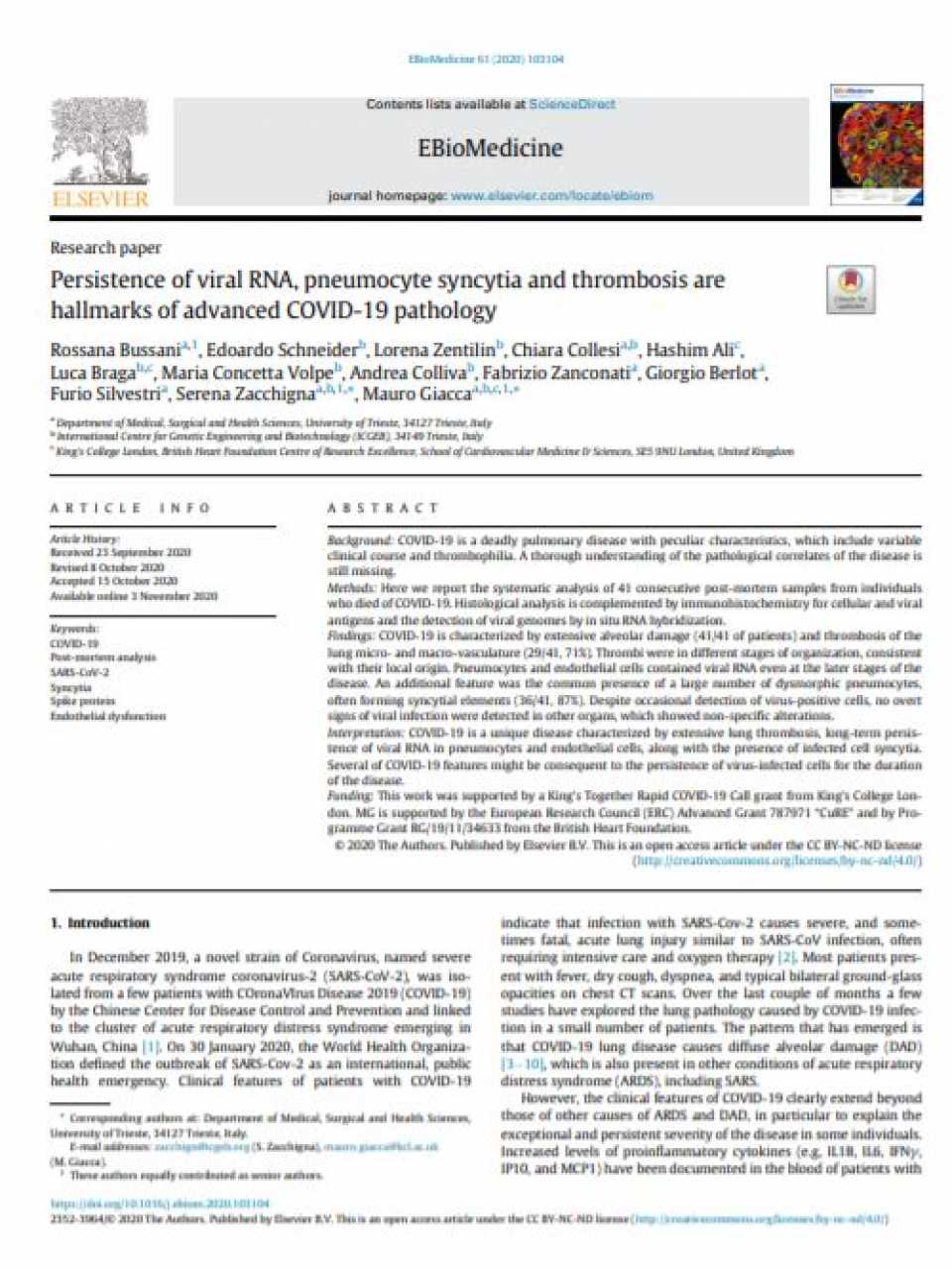 Persistence of viral RNA, pneumocyte syncytia and thrombosis are hallmarks of advanced COVID-19 pathology