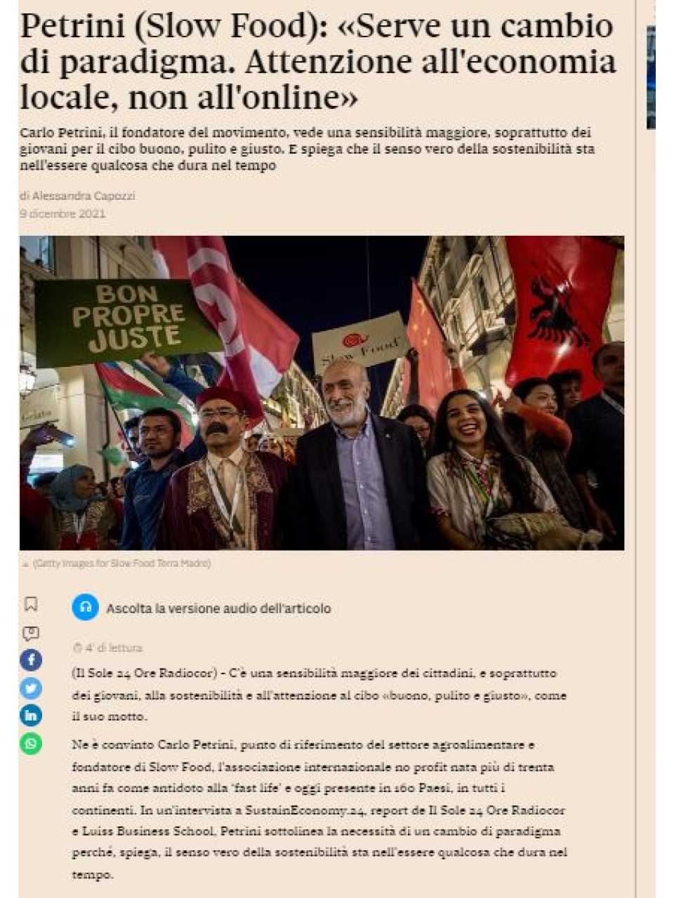 Petrini (Slow Food): «Serve un cambio di paradigma. Attenzione all'economia locale, non all'online»