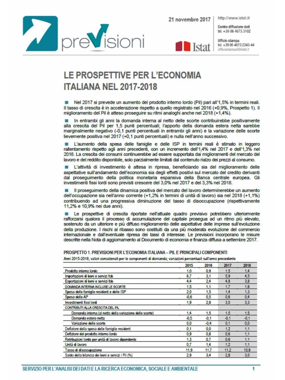 Le prospettive per l'economia italiana nel 2017 -2018