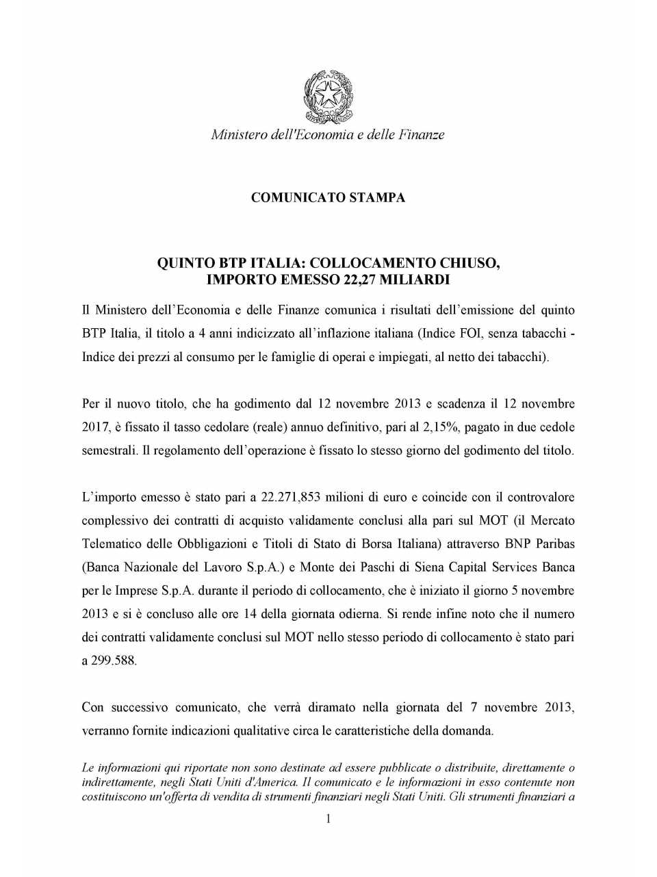 Quinto BTP Italia: collocamento chiuso, importo emesso 22,27 miliardi