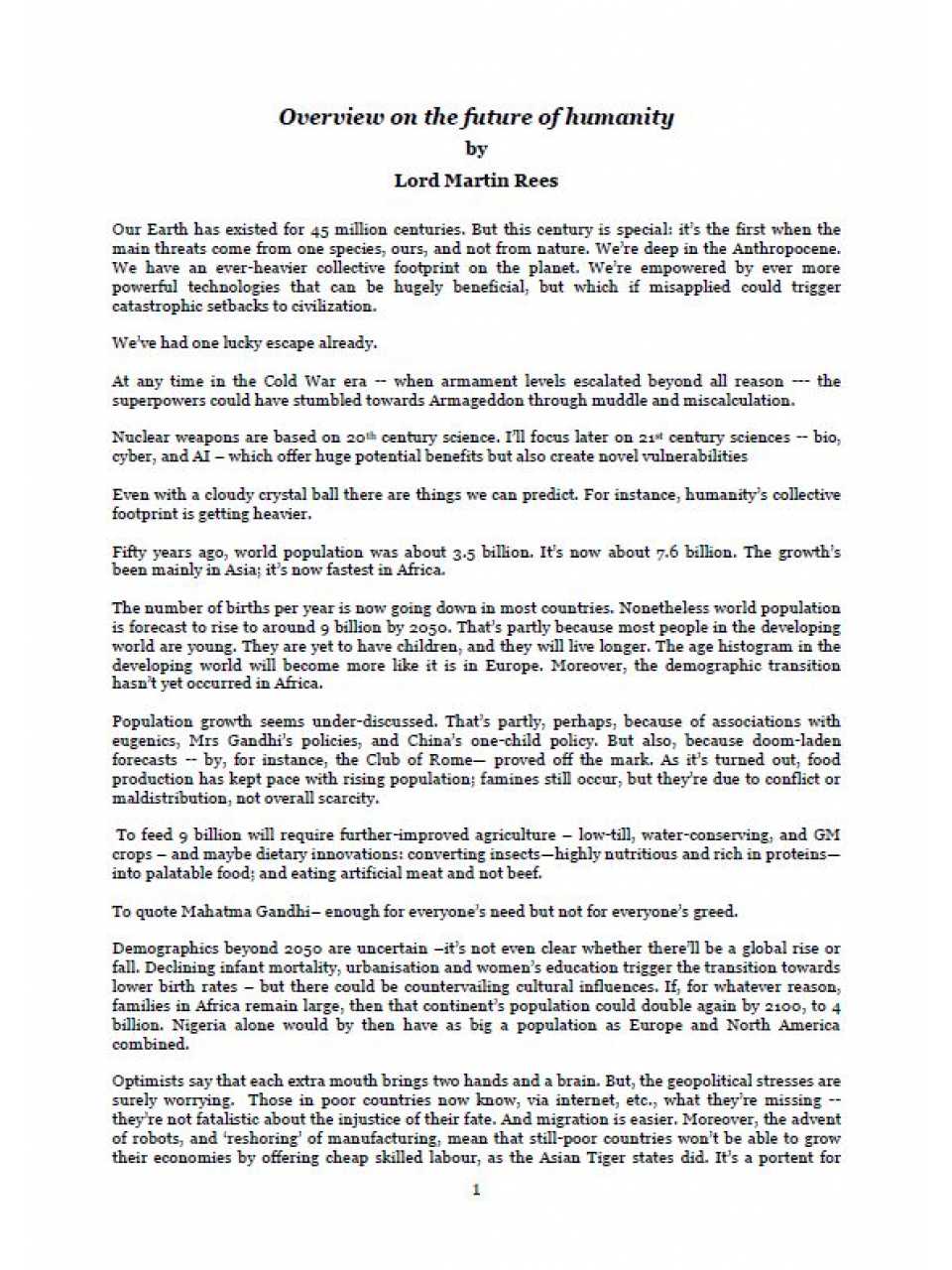 Overview on the future of humanity