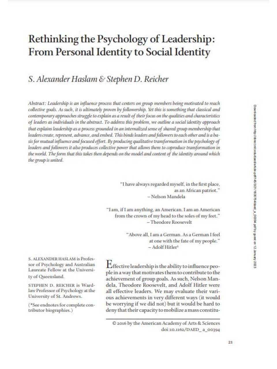 Rethinking the psychology of leadership: from personal identity to social identity