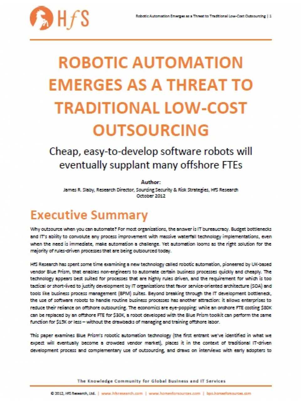 robotic automation emereges as a threat to traditional low-cost outsourcing