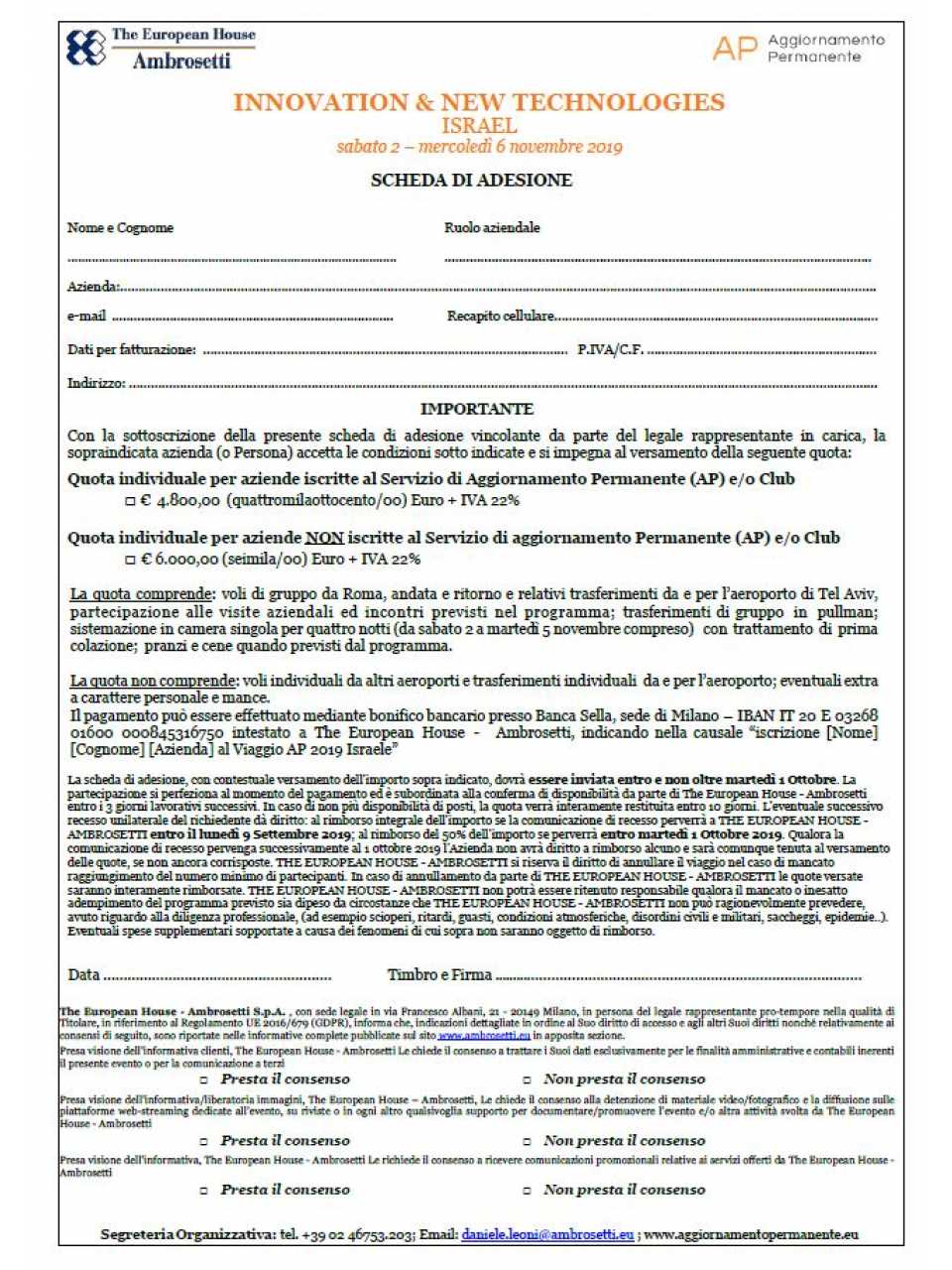 AGGIORNAMENTO PERMANENTEIN PRESENZA
Business Tour – Israele