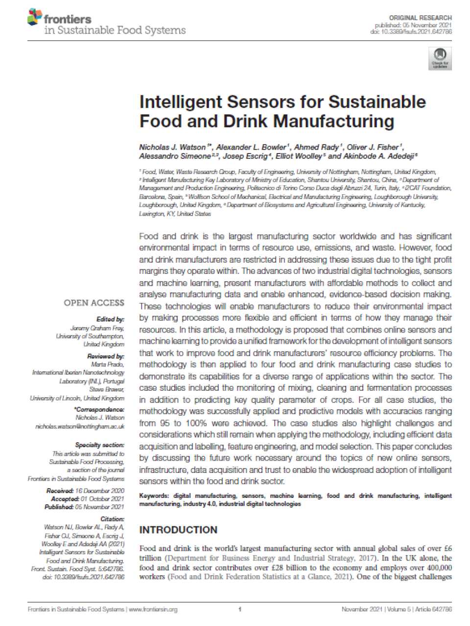 Intelligent Sensors for Sustainable Food and Drink Manufacturing