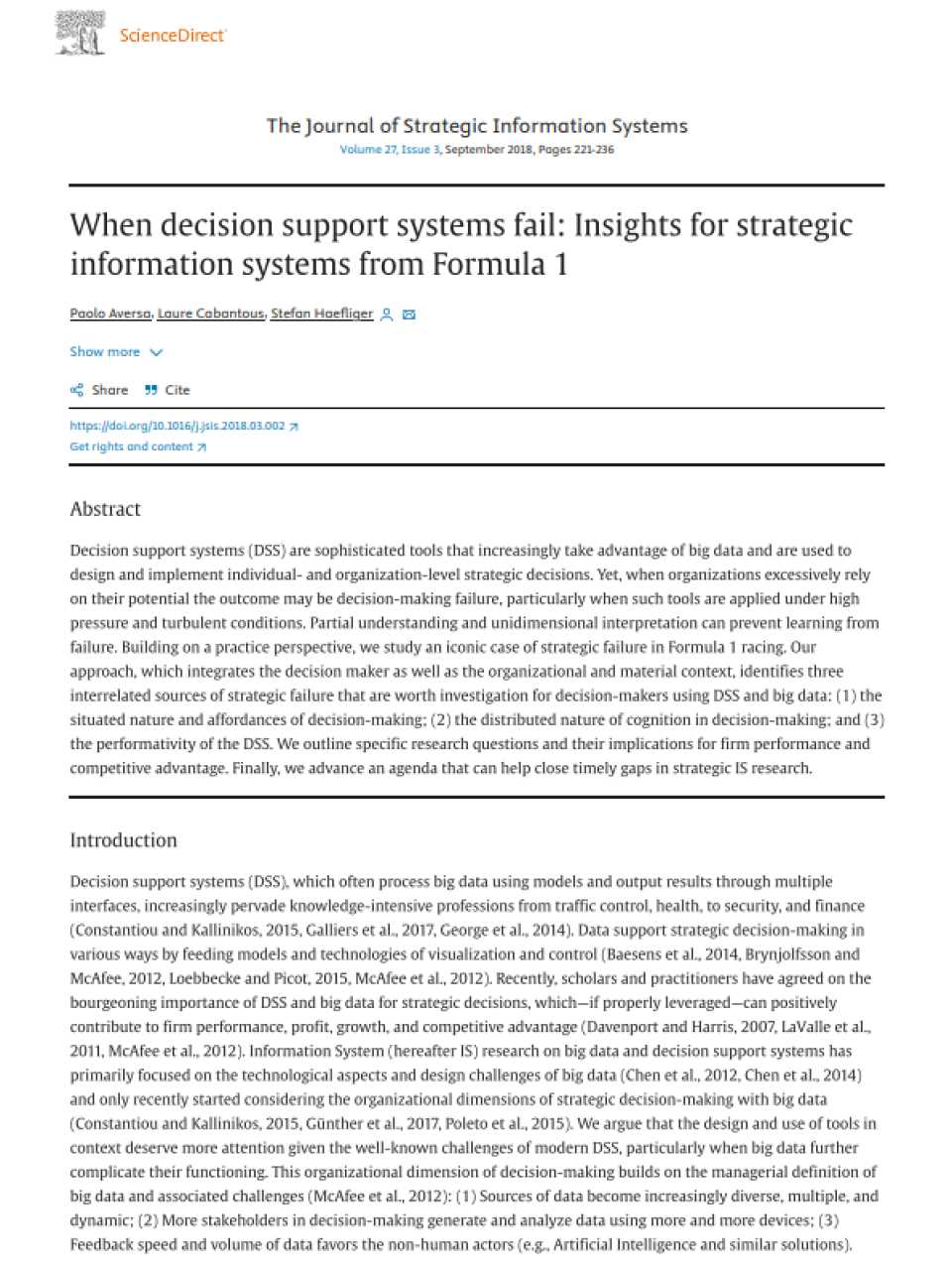 When decision support systems fail: Insights for strategic information systems from Formula 1