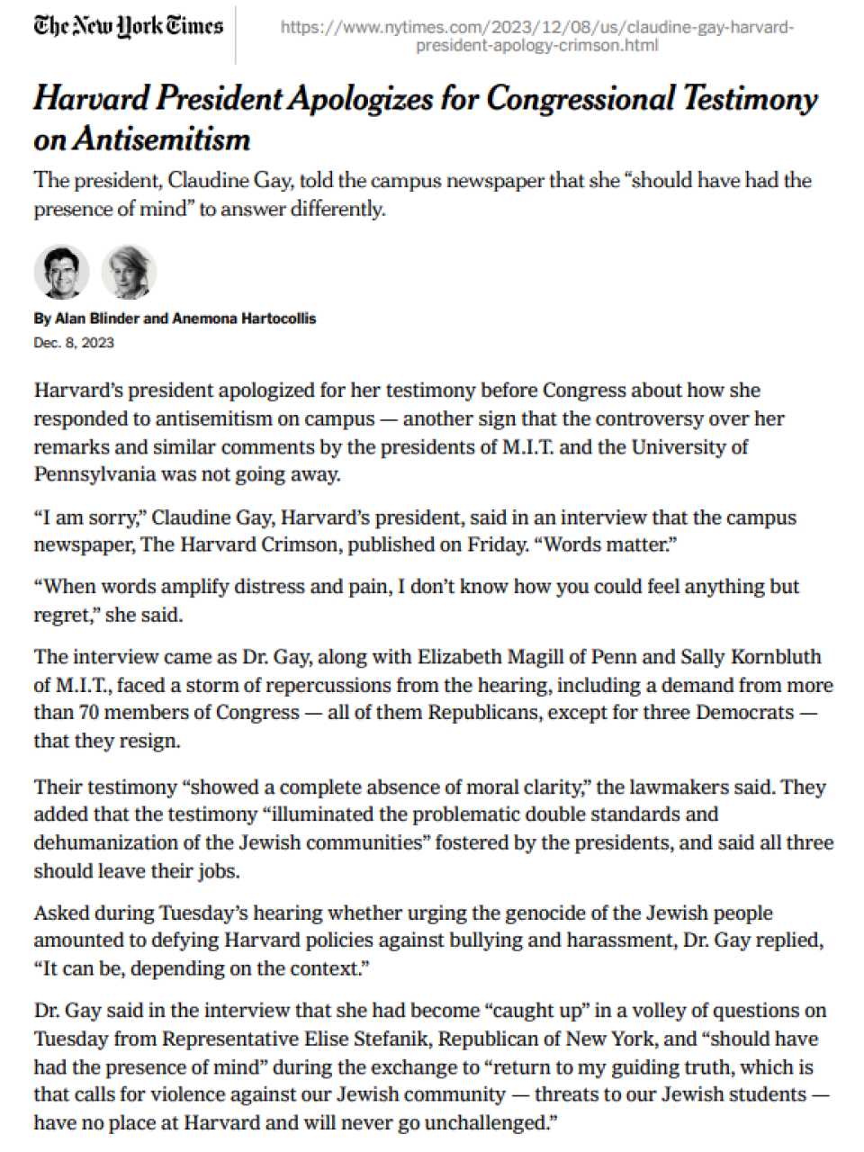 Harvard President Apologizes for Congressional Testimony on Antisemitism