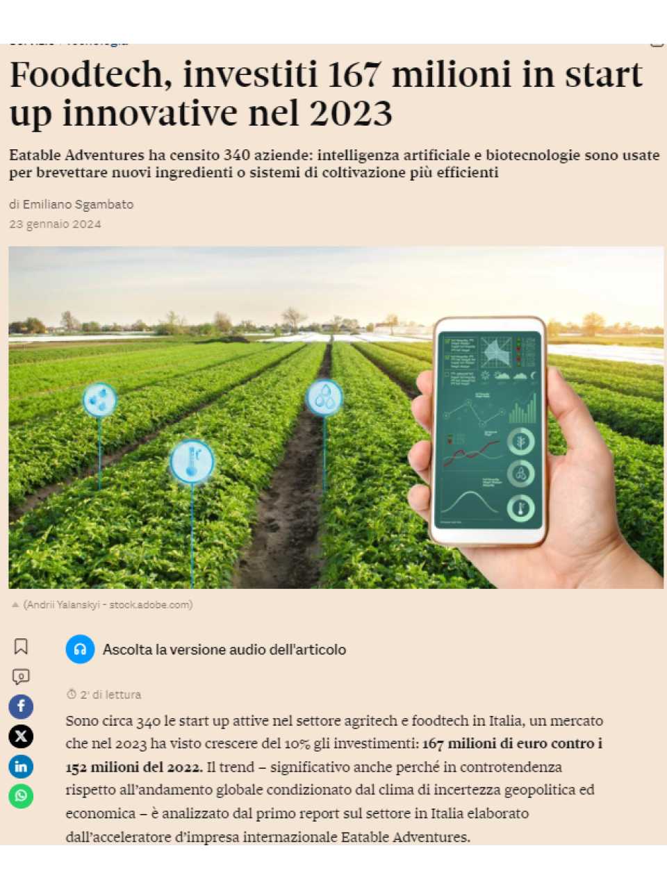 Foodtech, investiti 167 milioni in start up innovative nel 2023