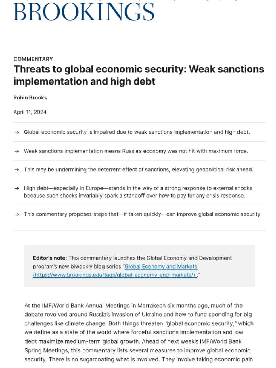 Threats to global economic security: Weak sanctions implementation and high debt