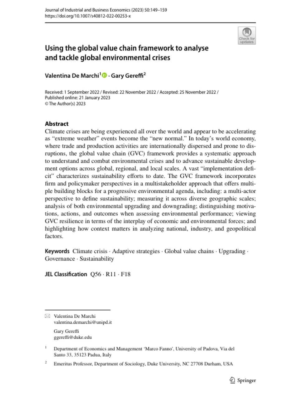 Using the global value chain framework to analyse and tackle global environmental crises