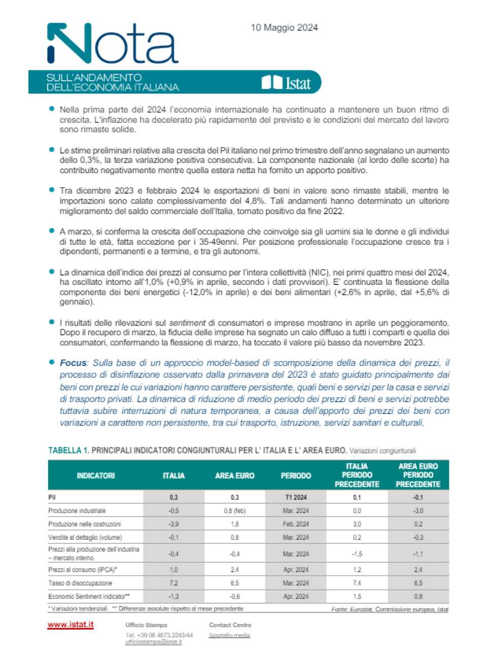 Nota sull'andamento dell'economia italiana
