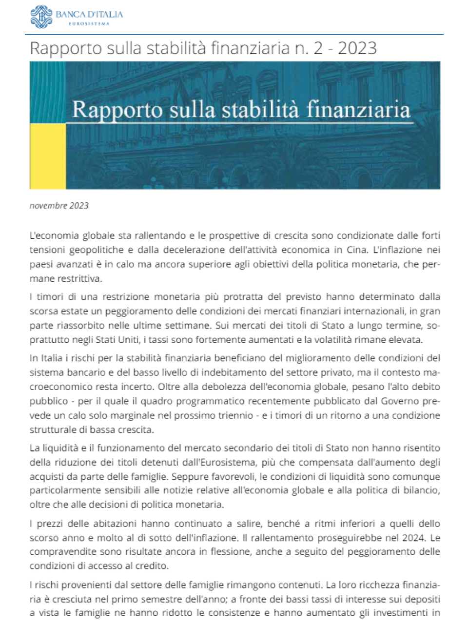 Rapporto sulla stabilità finanziaria n. 2 - 2023