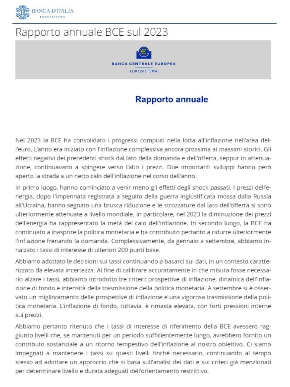 Rapporto annuale BCE sul 2023