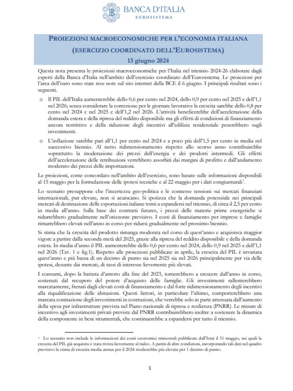 Proiezioni macroeconomiche per l'Italia