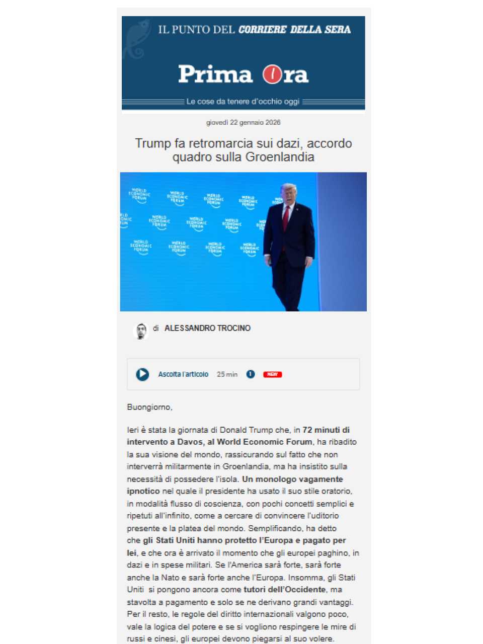  Trump fa retromarcia sui dazi, accordo quadro sulla Groenlandia