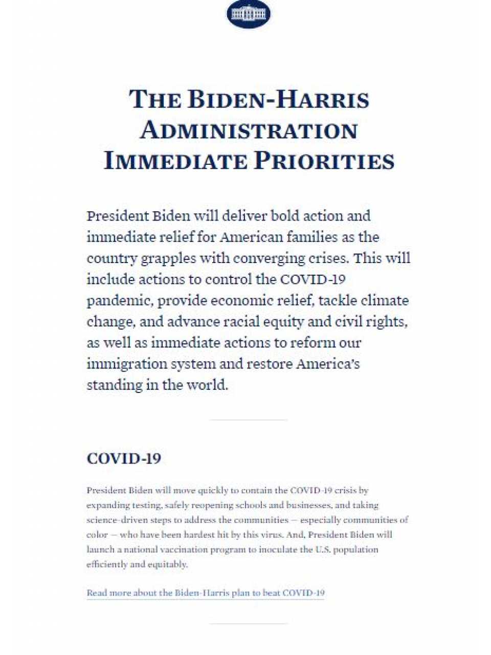 The Biden-Harris administration immediate priorities