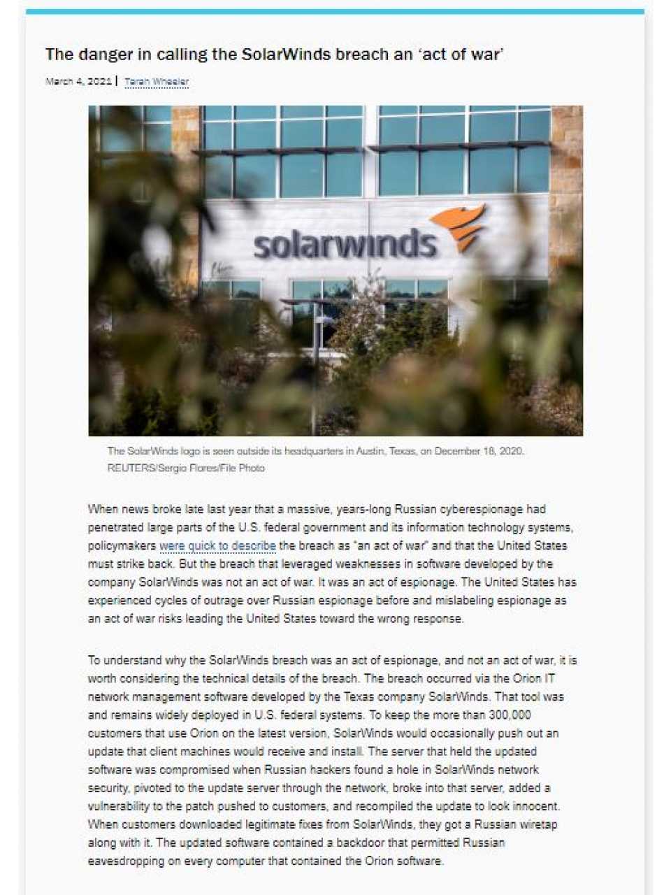 The danger in calling the SolarWinds breach an act of war