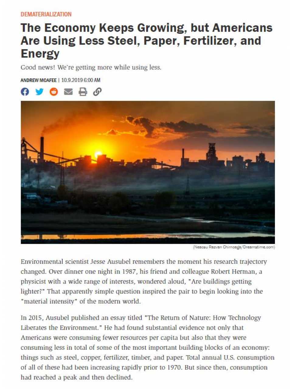 The Economy Keeps Growing, but Americans Are Using Less Steel, Paper, Fertilizer, and Energy