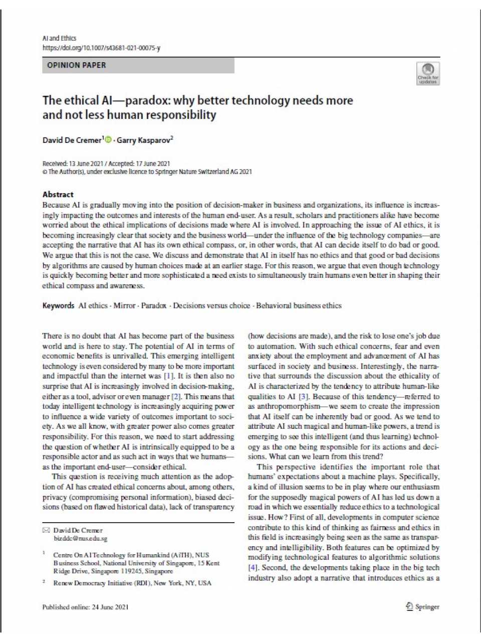 The ethical AI—paradox: why better technology needs more and not less human responsibility