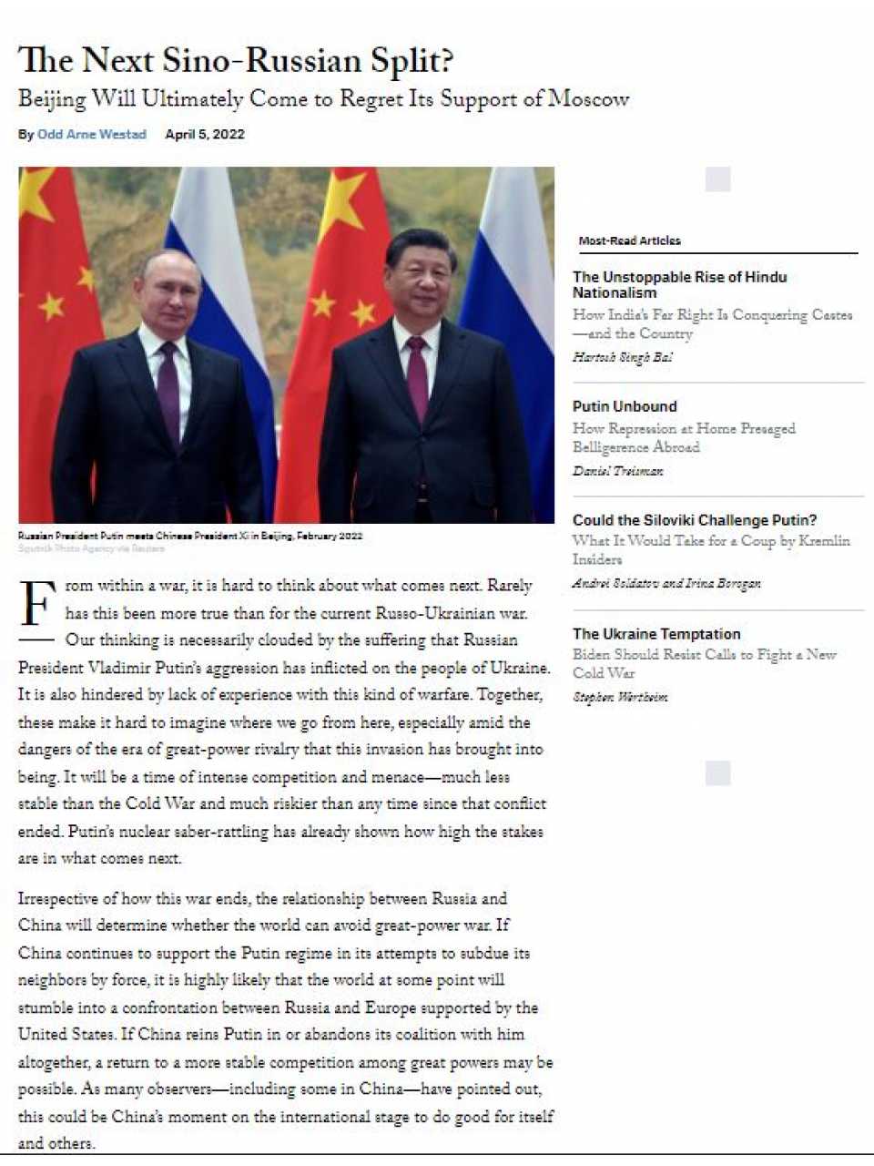 The Next Sino-Russian Split? Beijing will ultimately come to regret its support of Moscow
